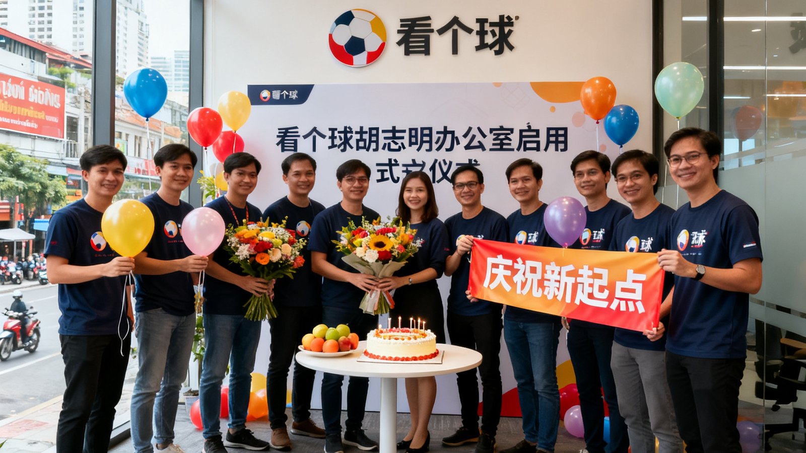 看个球在越南胡志明市设立的首个海外办公室照片，团队正在庆祝新办公室启用仪式